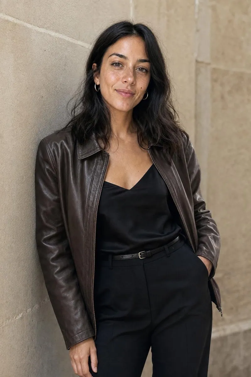 The same woman wearing the look, leaning on a sandstone wall