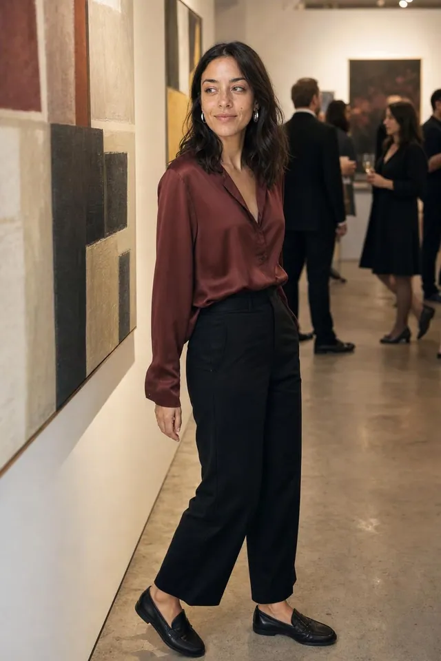 A woman in a burgundy silk blouse and black trousers at an art gallery