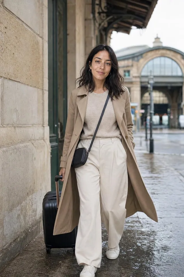 A woman in a camel trench coat and cream trousers pulling a suitcase on a wet street